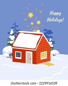 Happy holiday card. Winter red house with chimney, snow hill and fir trees. Vector flat season illustration