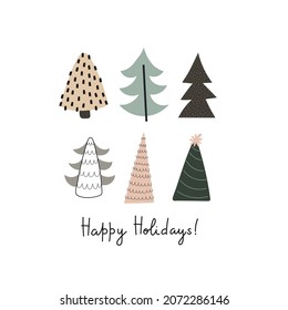 happy holiday. Cartoon tree, hand drawing lettering. holiday theme. Colorful vector illustration, flat style. design for greeting cards, print, poster