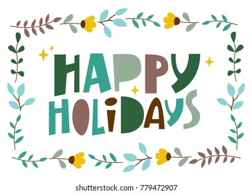 happy holiday cartoon typography with wreath frame