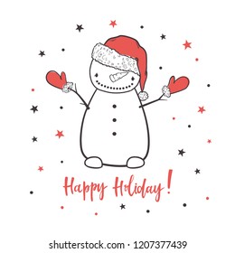 Happy holiday. Cartoon vector illustration with a snowman. Use for print design, surface design, gift, greeting cards