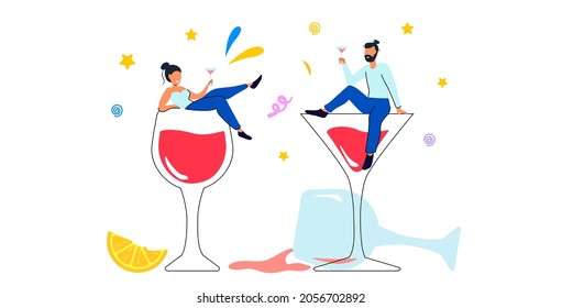 Happy holiday celebration with alcohol drinks festive mood and cheerful atmosphere Employees glad succeed Drunkard brain Vector illustration for booze problems, alcohol addiction, drunkard concept