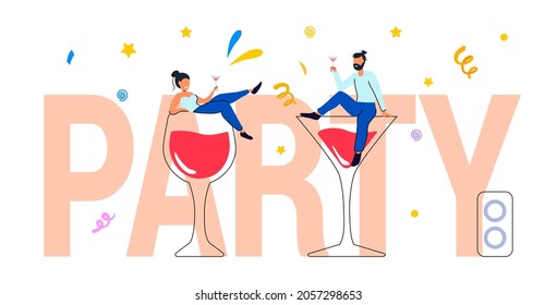 Happy holiday celebration with alcohol drinks festive mood and cheerful atmosphere Employees glad succeed Drunkard brain Vector illustration for booze problems, alcohol addiction, drunkard concept