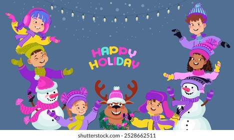 Happy Holiday. Children in warm winter costumes. Group of cute kids smiling in bright clothes. Cartoon сhildren, snowmen, deer. Multiethnic boys and girls. Vector illustration.