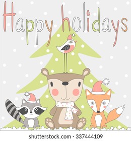 Happy Holiday. Children's winter greeting card with cute bear, fox, bird, raccoon and Christmas tree in cartoon style