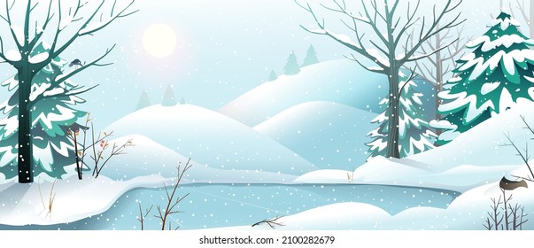 Happy holiday Christmas banner, winter forest calm and quiet landscape. Snow scene for Christmas and seasonal winter greeting cards. Vector landscape design in watercolor style. 