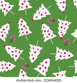 Felices vacaciones elementos navideños patrón sin fisuras con árboles de Navidad, mistletos - para envolver papel, papel tapiz, tela, papel de fiesta - Ilustración vectorial en rojo, rosa, verde