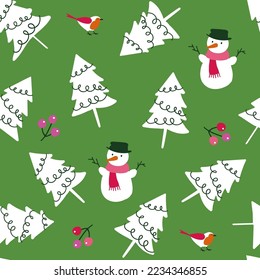 Happy holiday Christmas elements seamless pattern with Christmas trees, mistletoes, and snowmen - for wrapping paper, wallpaper, fabric, party paper - Vector illustration