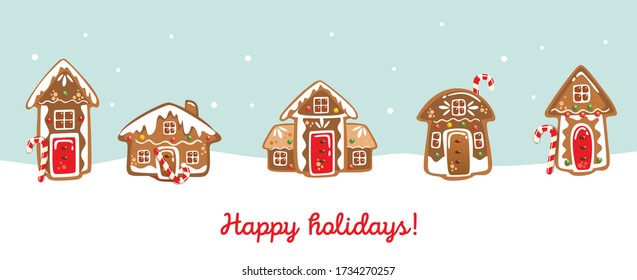 Happy holiday christmas greeting card with cookies vector illustration. Red handwritten text flat style. Fun on winter time and sweets concept. Isolated on blue white background