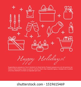 Happy holiday concept banner in line style with place for text. Red poster with celebration symbols including candles and gift boxes. Vector illustration.