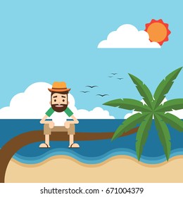 Happy holiday concept. A man is sitting on a palm tree enjoys his vacation time on the beach, vector illustration
