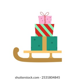 Happy Holiday Concept. Sled with a Bunch of Christmas Presents. Hand Drawn Vector Illustration.	