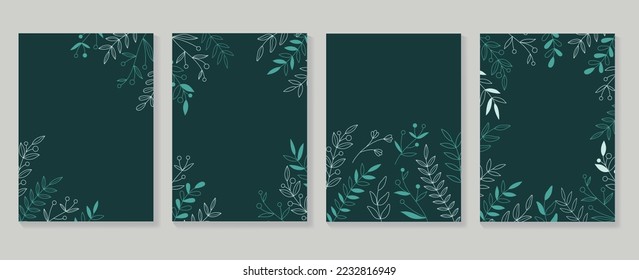 Fröhliche Urlaubskleidung, Vektorset. Botanischer Blumenblattrahmen auf dunkelgrünem Hintergrund. Design-Illustration für Einladungskarte, Corporate, Gruß, Tapete, Banner, Poster.