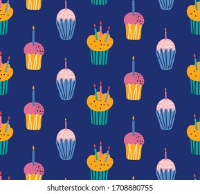 Happy holiday cream cake with candles flat vector seamless pattern. Sweet holiday pastries, muffin, cupcake with confetti. Hand drawn festive background in Scandinavian style. Anniversary desserts