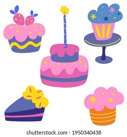 Happy Holiday Cream Cake Vector Set. Delicious Birthday Cake. Sweet Pastries, Muffin, Cupcake Holiday Cooking Icons For Decorating, Anniversaries, Weddings, Birthdays, Children's Parties.