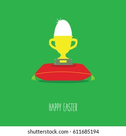 happy holiday creative & concept  & a white funny egg icon and symbol vector in a golden glowing Vector Trophy Cup emblem & Winning on a cushion or red royal pillow  illustration flat design.