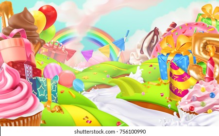 Happy holiday. Cupcake, gift box. Sweet landscape, 3d vector background