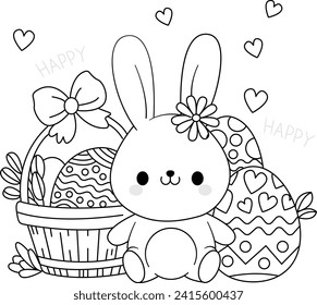 happy holiday Cute Bunny Basket Easter egg coloring page for printable