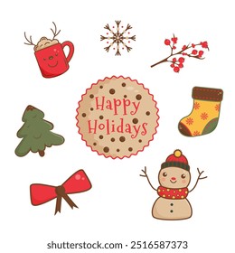 Happy Holiday cute elements of snowman, Christmas tree, hot cocoa red mug, yellow stocking, snowflake, red ribbon and berries. Merry Christmas vector objects with text isolated on white background.