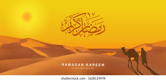 happy holiday Eid mubarak Ramadan Kareem calligraphy written in Arabic  wallpaper design template with 3d illustration of a traveller silhouette with his camel in the desert in orange tone, 