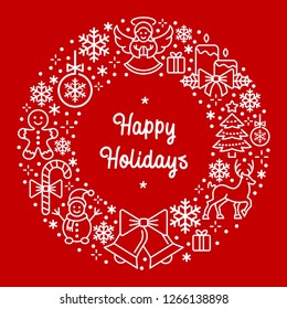 Happy Holiday festive greeting card in Red/White linear style