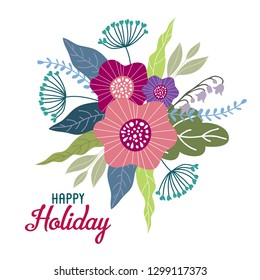 Happy holiday. Floral hand draw design concept, Bouquet with cute field Flowers on a white background, vector illustration