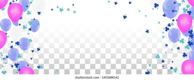 Happy holiday frame background with colorful balloon, gifts, confetti, carnival cap and streamer. Flat lay. Top view. Birthday
