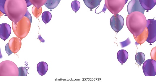 Happy holiday frame background with colorful balloon, gifts, confetti, carnival cap and streamer. Flat lay. Top view. Birthday