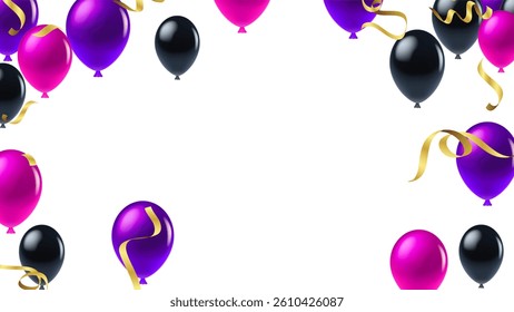 Happy holiday frame background with colorful balloon, gifts, confetti, carnival cap and streamer. Flat lay. Top view. Birthday