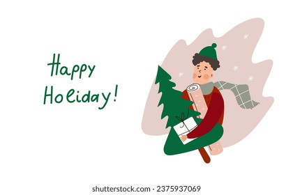 Happy Holiday. Fun flat cartoon man holding presents for his family and a new year tree. Vector illustration on white background.