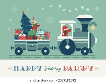 Happy holiday fun train party vector poster  Cute comic dog  Santa Claus hat  Elf costume  Christmas present gifts delivery cartoon  Winter Season holiday words greeting  New Year joy event fun banner