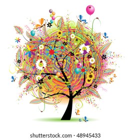 Happy holiday, funny tree with balloons