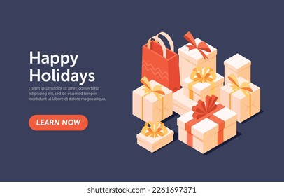 Happy holiday gift boxes. Advertising poster or banner for website, design ldending page. Present or surprise. Discounts and promotions, special offer, bonuses. Cartoon isometric vector illustration