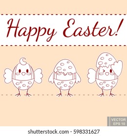 Happy holiday greeting card. Cute funny chicken with text in cartoon style. Concept april spring greeting card. Congratulation with Easter vector illustration eps10.