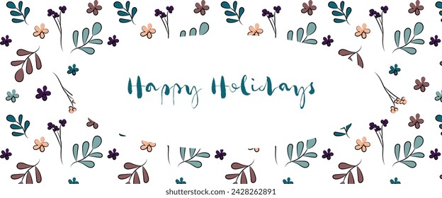 Happy holiday greeting card with floral pattern with grass ornament. Doodle Style