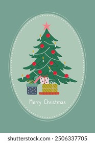 Happy holiday greeting card. Retro style print with decorated Christmas tree and gift boxes. Cute vintage poster, cover, story. Hand drawn flat design vector illustration.
