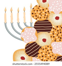 Happy Holiday of Hanukkah, Jewish Holiday of Light. Greeting card with traditional candleholder, chanukia, with burning wax candles, and a bunch of sweet donuts. Square composition on white background