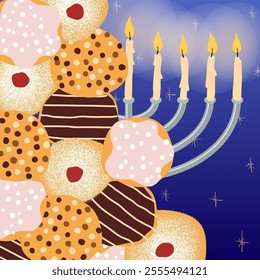 Happy Holiday of Hanukkah, Jewish Holiday of Light. Greeting card with traditional candleholder with burning candles, and a bunch of sweet donuts. Square composition on a dark blue night background