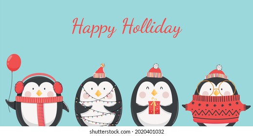 Happy holiday horizontal banner with cute cartoon penguins in warm clothes. Vector illustration. Isolated on a light blue background.
