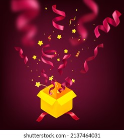 Happy holiday illustration with openrd box and ribbons and confetti