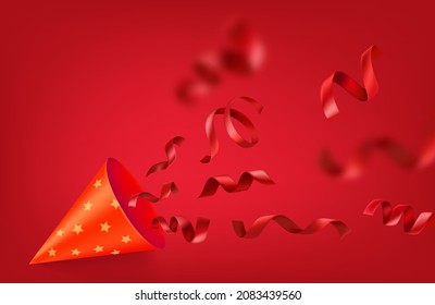 Happy holiday illustration with red cone and red ribbons. Vector concept 