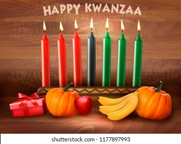 Happy Holiday Kwanzaa background with seven candles, gift box, pumpkins and fruit. Vector illustration 