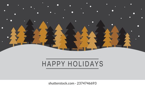 Happy holiday landscape with golden trees, gray background with snow. Vector illustration
