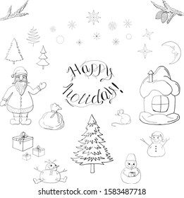 Happy holiday lettering and black and white Christmas trees, snowflakes, gifts, snowmen, Santa Claus