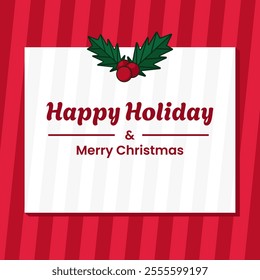 happy holiday and merry christmas greeting card template with red striped background	
