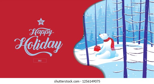 Happy Holiday, Merry Christmas, Happy New Year, Polar Bear, Sale,  Landscape Winter, Vector Illustration.