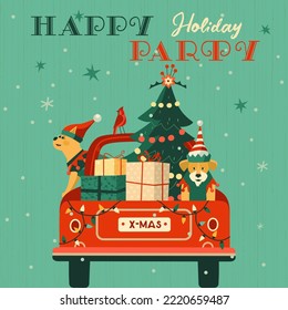 Happy Holiday party festive funny vector poster. Funny dogs in Elf costumes deliver Christmas tree, present gift boxes by red truck cartoon illustration. New Year event holidays invitation background