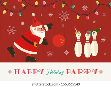 Happy holiday party flat vector greeting. Cute Santa, pins in elves hats cartoon. Christmas holiday season bowling parties invitation background. New year eve celebration banner template illustration