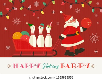 Happy holiday party flat vector greeting. Cute Santa, pins in elves hats cartoon. Christmas holiday season bowling parties invitation background. New year eve celebration banner template illustration