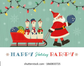 Happy holiday party flat vector greeting. Cute Santa, pins in elves hats cartoon. Christmas holiday season bowling parties invitation background. New year eve celebration banner template illustration