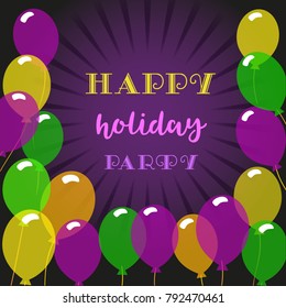 Happy Holiday party poster. Cute fancy letters. Bright color cartoon balloons. Invitation playful card with colorful greeting letterhead. Fest event decoration banner background. Vector illustration